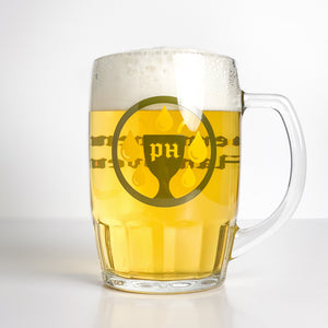 Glass mug with beer and a logo on a white background