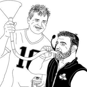 Two men with a funnel and bottle, with 'Winners Drink Trillium' text.