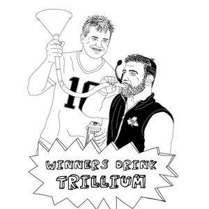 Illustration of two men with text 'Winners Drink Trillium' and pre-order information.
